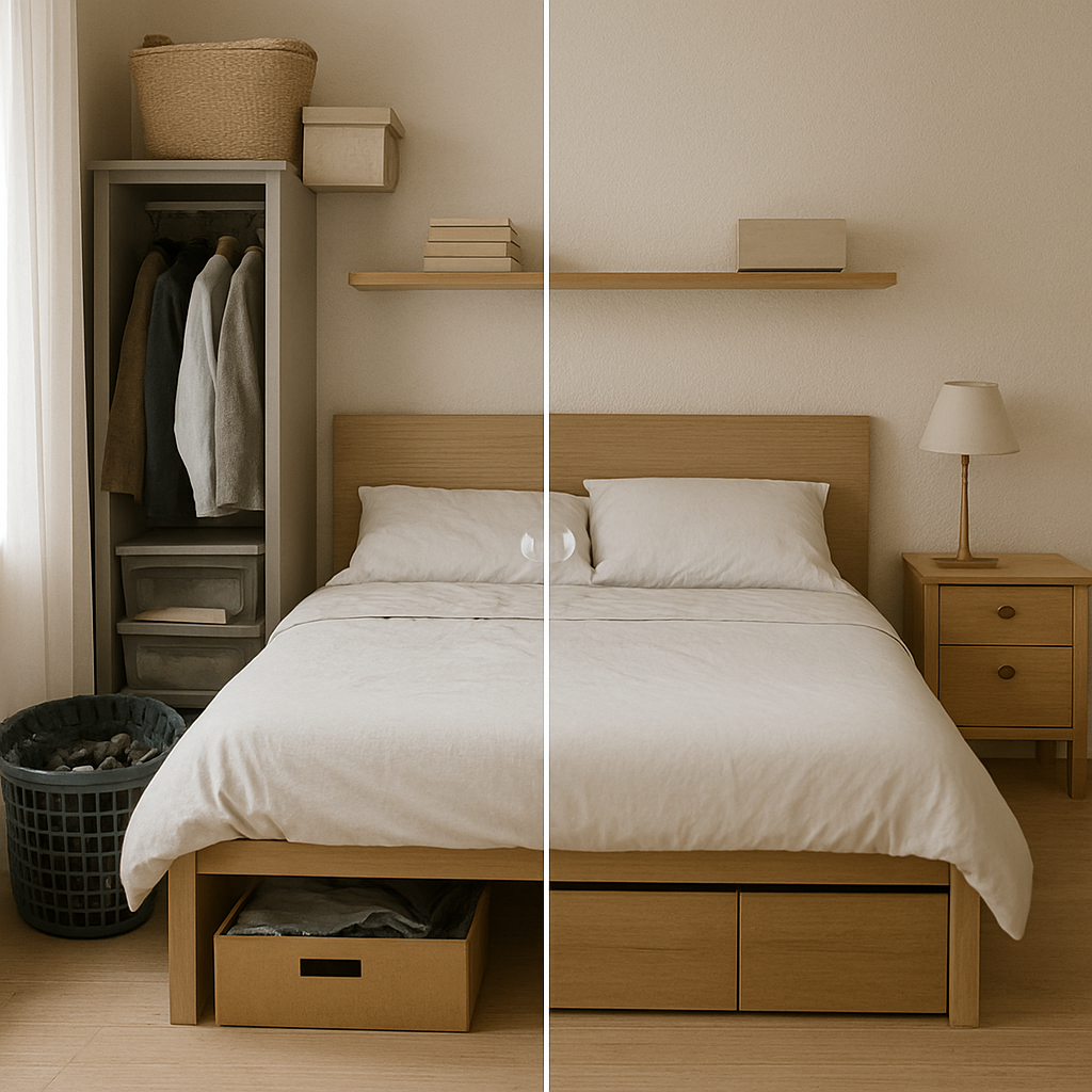 minimalist bedroom organization ideas for small spaces before and after layout