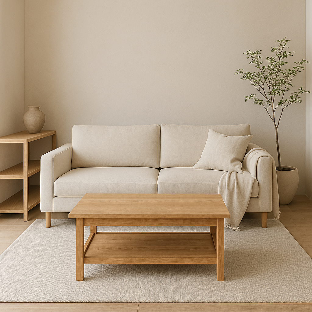 Japandi interior sustainable materials: reclaimed wood dining table and linen cushions