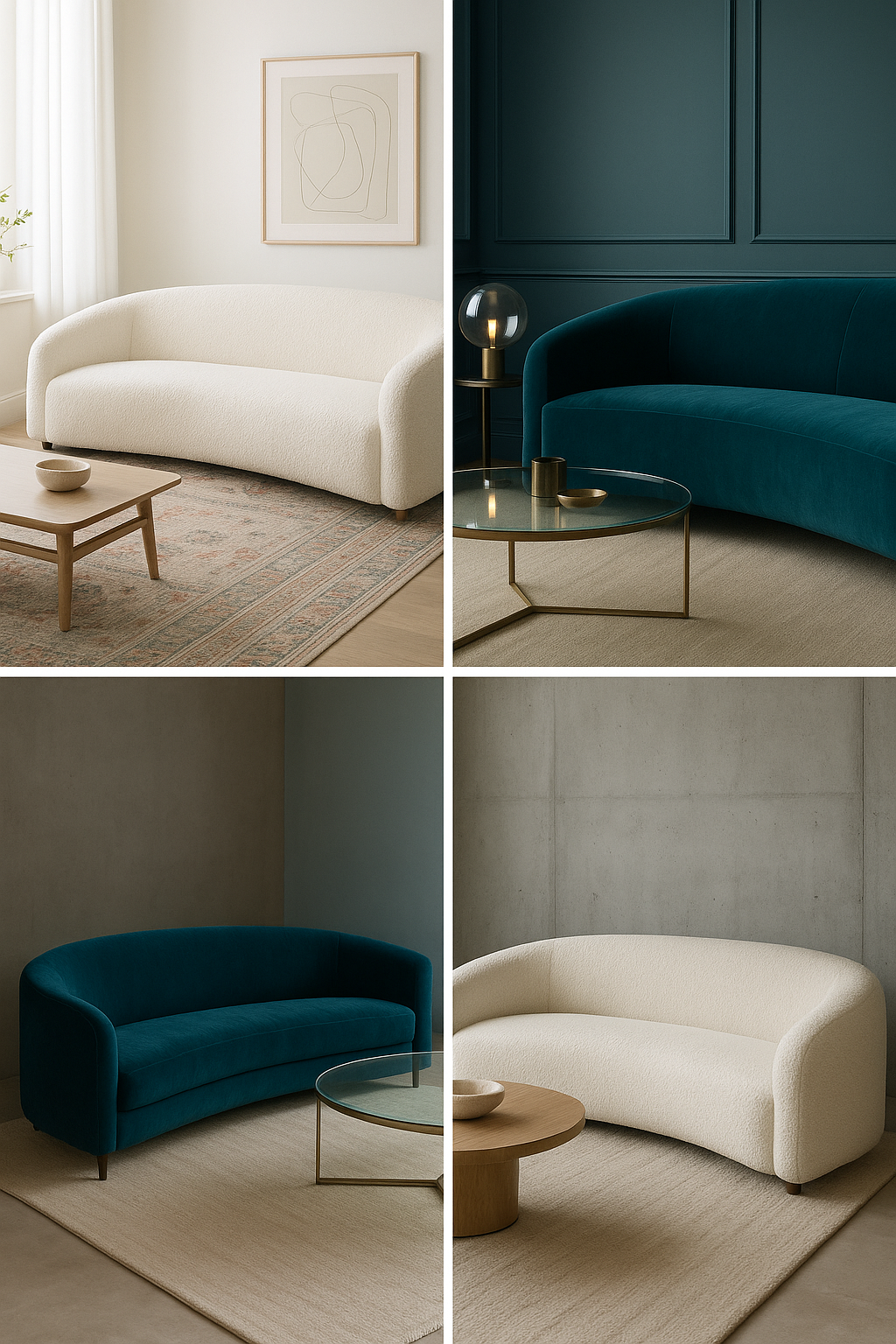 white curved sofa in bright apartment, velvet curved sofa in jewel-toned setting, bouclé curved sofa against concrete walls