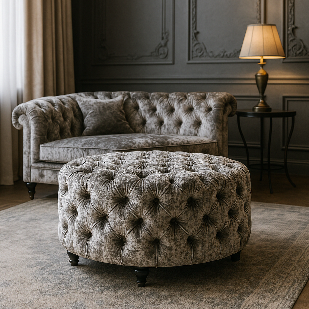 crushed velvet furniture — tufted ottoman in glamorous living room