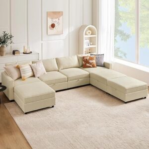 7-seat modular U-shaped sofa with storage, sleeper option & reversible chaise. Sweetcrispy beige sectional for modern living rooms.