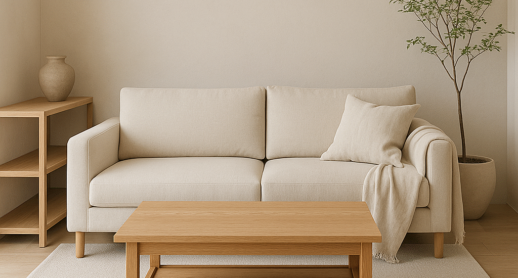 Japandi interior sustainable materials: reclaimed wood dining table and linen cushions