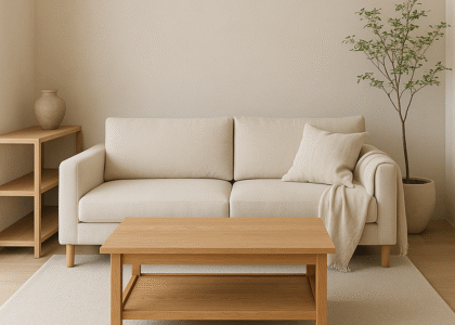 Japandi interior sustainable materials: reclaimed wood dining table and linen cushions