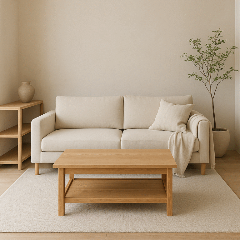 Japandi interior sustainable materials: reclaimed wood dining table and linen cushions