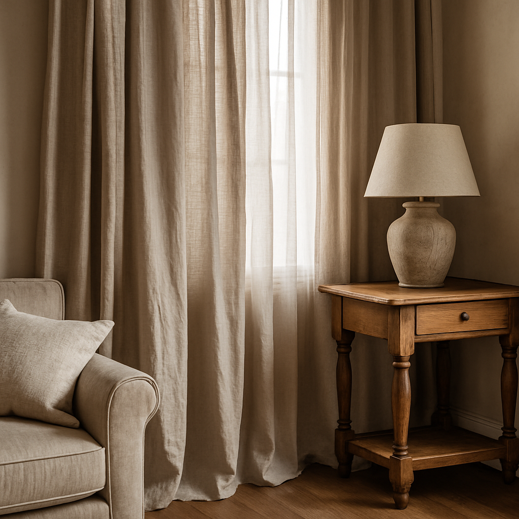 Cozy corner layered with neutral-toned soft washed linen curtains and vintage wood finishes.
