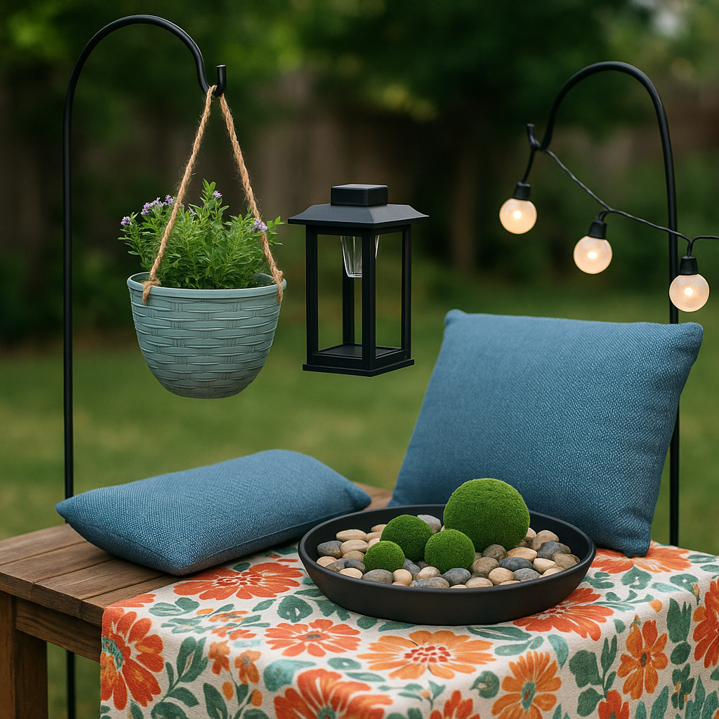 Visual list of 6 outdoor upgrades you can complete for under $50 using Dollar Tree or thrifted supplies
